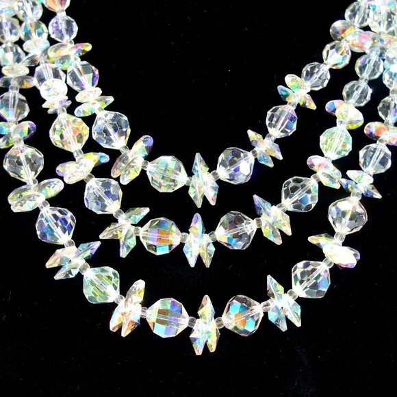Vintage 1950s Vendome Faceted Triple Strand Aurora Borealis Crystal Necklace - Picture 2 of 11